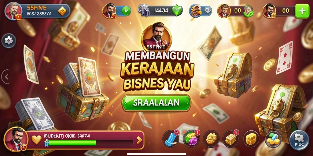 Tampilan gameplay <strong>55FIVE</strong> dengan berbagai pilihan manajemen bisnis.