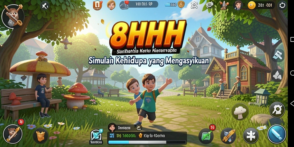 Screenshot utama 8HHH menunjukkan gameplay simulasi yang dinamis.