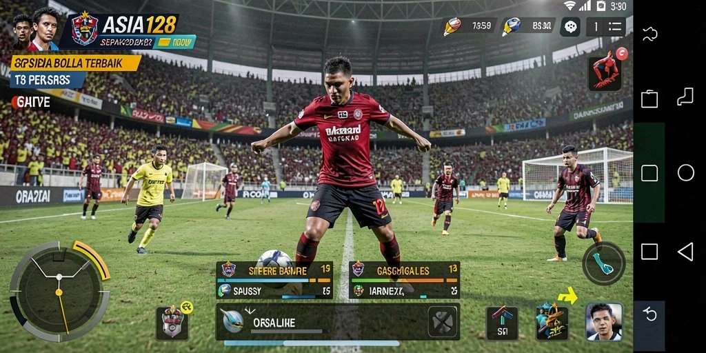 Screenshot utama ASIA128 menampilkan aksi mendebarkan di lapangan sepak bola.