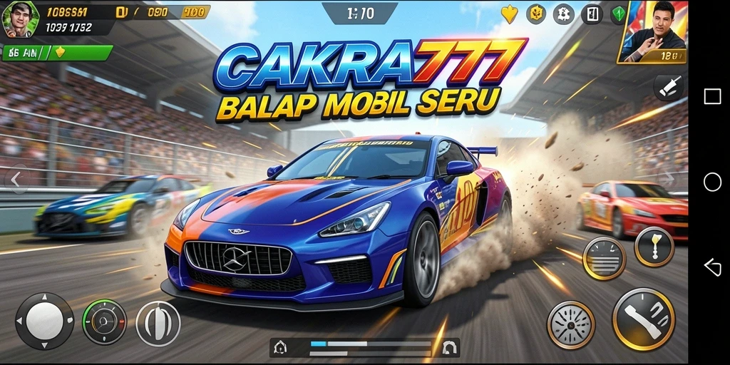 Screenshot gameplay CAKRA777 menampilkan aksi balapan mobil yang seru.