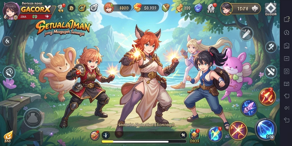 Menggambarkan aksi permainan GACORX dengan karakter Anime yang dinamis.