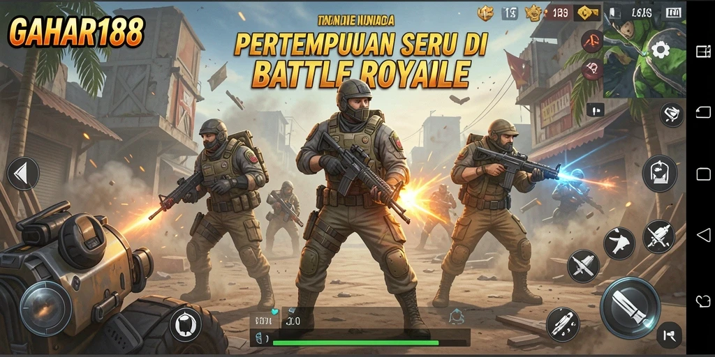 Tangkapan layar gameplay GAHAR188 menampilkan aksi pertempuran intens di dunia Battle Royale.