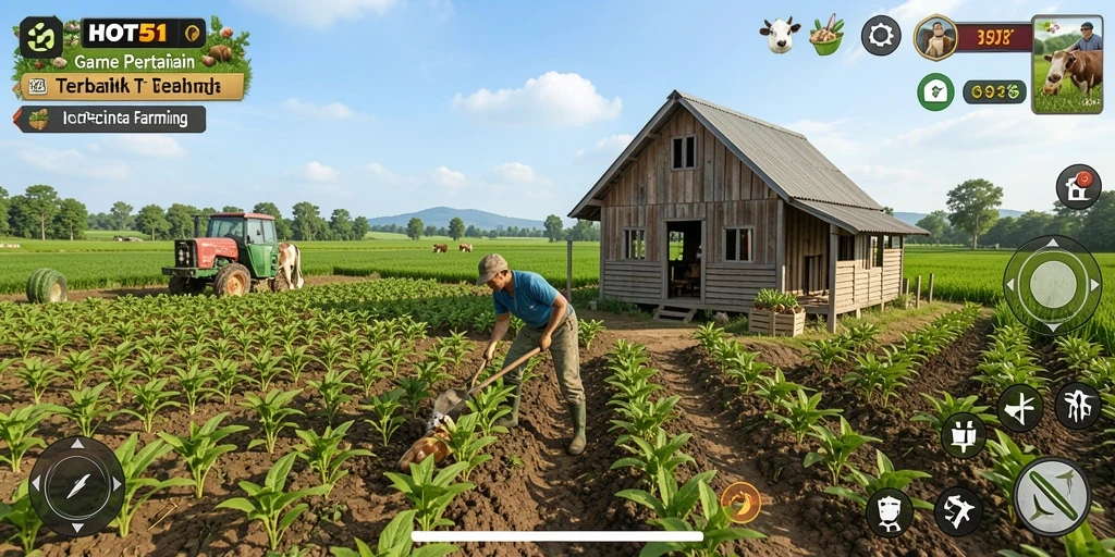 Tampilan gameplay HOT51 yang menampilkan kebun yang subur dan aktif.
