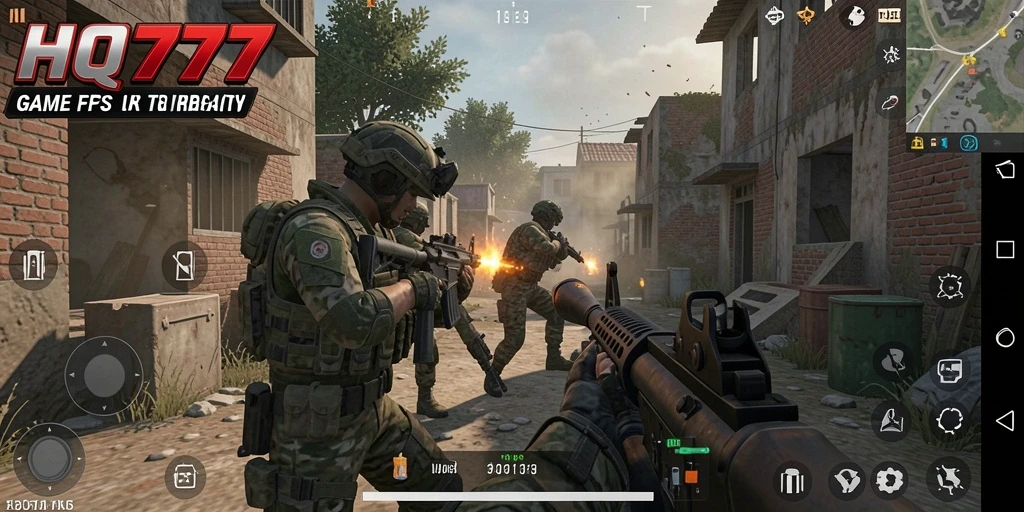 Tangkapan layar utama HQ777 yang menunjukkan aksi pertempuran FPS yang mendebarkan.