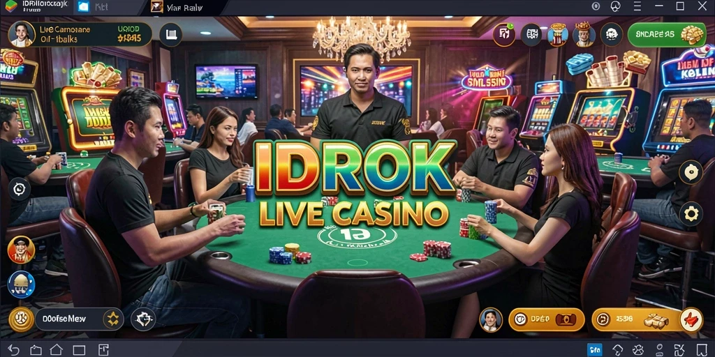 Screenshot IDROK menampilkan dealer cantik dan permainan Live Casino yang mendebarkan.