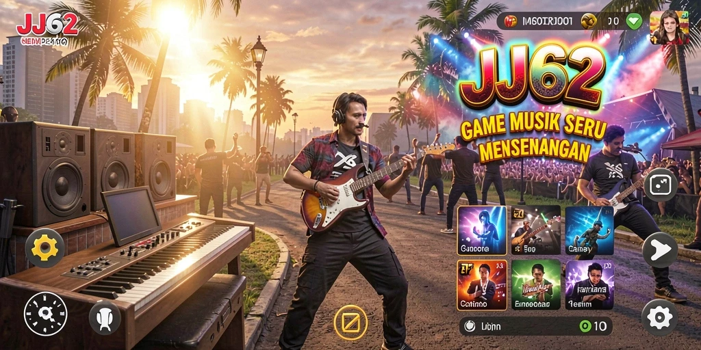 Tampilan gameplay JJ62 yang penuh energi dan musik.