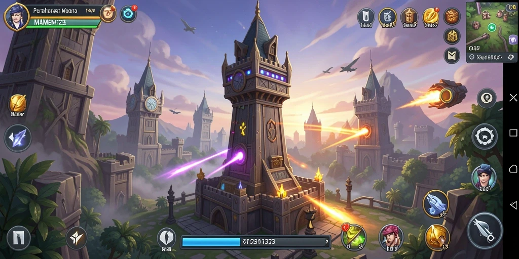 Screenshot menampilkan aksi pertempuran seru di MAMEN123 dalam genre Tower Defense.