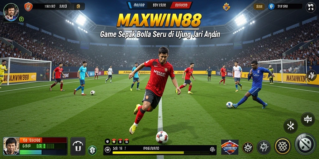 Tampilan utama gameplay MAXWIN88 dengan aksi sepak bola yang mendebarkan.