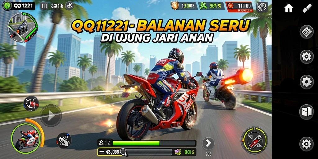 Screenshot utama QQ1221 menampilkan balapan motor yang intens dan mendebarkan.