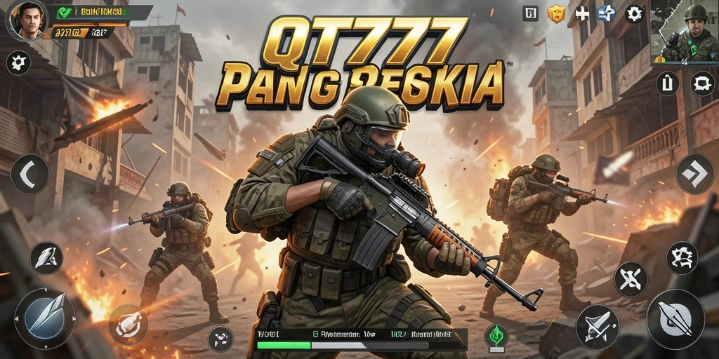 Screenshot QT777 menampilkan aksi intens dalam pertempuran FPS.