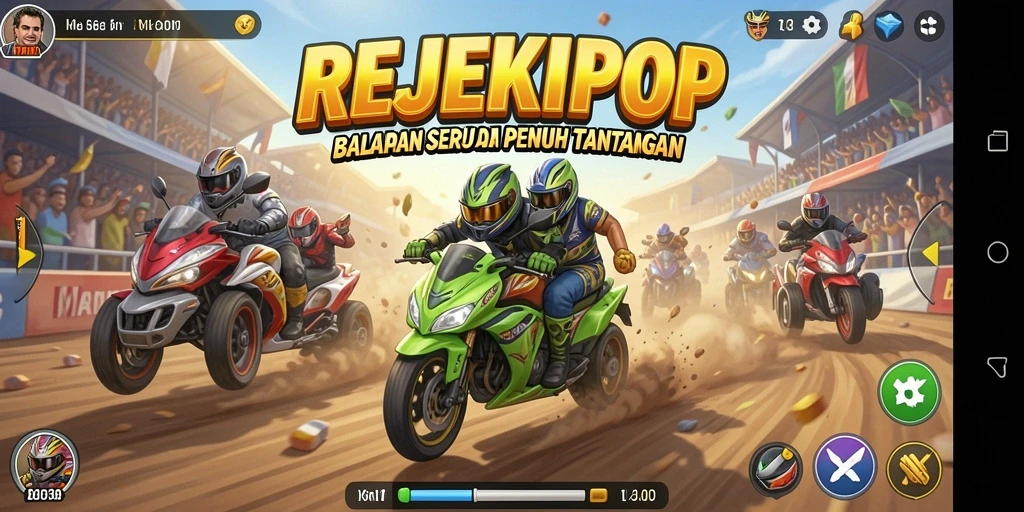 Tampilan gameplay menegangkan dalam balapan REJEKIPOP yang seru.